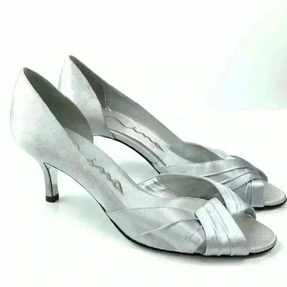 Nina heels size 8 38 silver satin d’Orsay formal